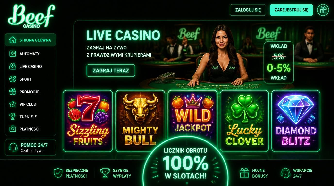 Grafika pokazująca maszyny slotowe, licznik obrotu i stół Live Casino z symbolicznym niskim wkładem