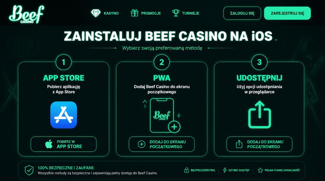 Interfejs instalacji Beef Casino na iPhonie z opcją App Store i PWA