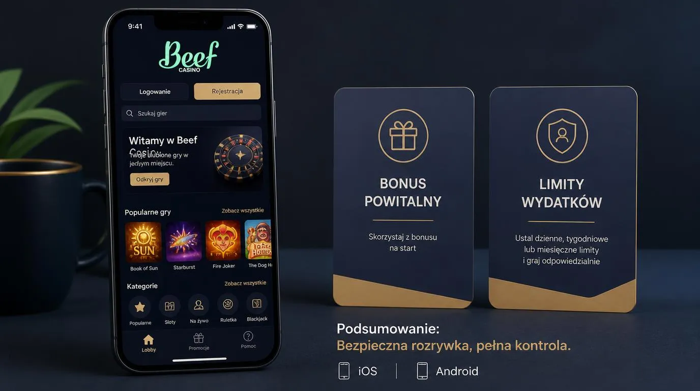 Smartfon z widokiem kasyna mobilnego obok kart z bonusem powitalnym i limitami gry