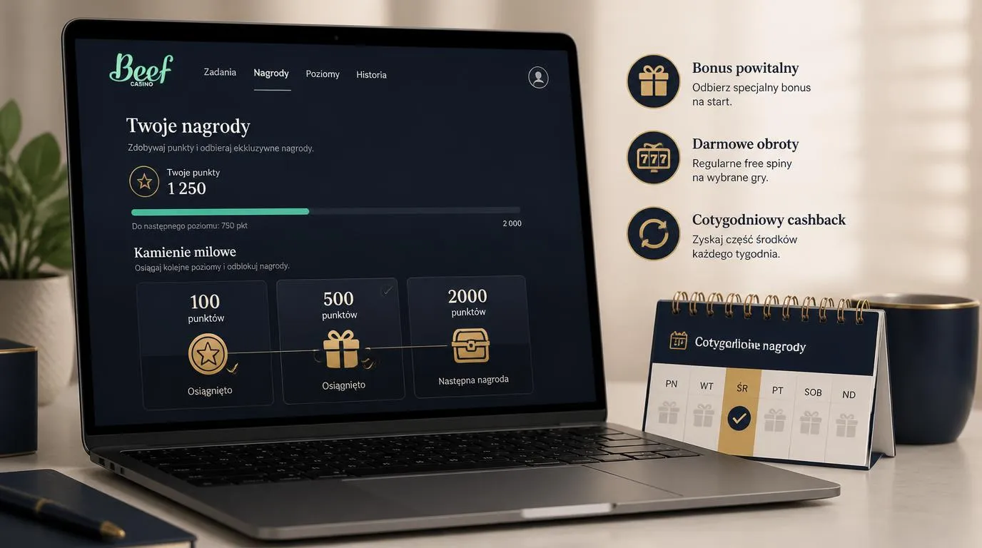 Ekran programu nagród z trzema progami punktowymi, symbolem cashbacku i darmowymi spinami